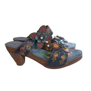 L ARTISTE Spring Step Floral Cork Mules Sandals Women Size 41 Leather